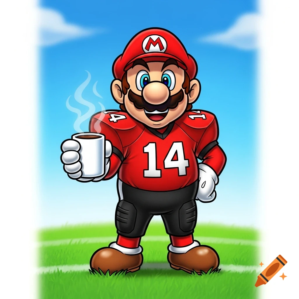 Super Mario in a red football uniform with '14' on it, holding a steaming cup, on a grassy field under a blue sky, cartoon style.