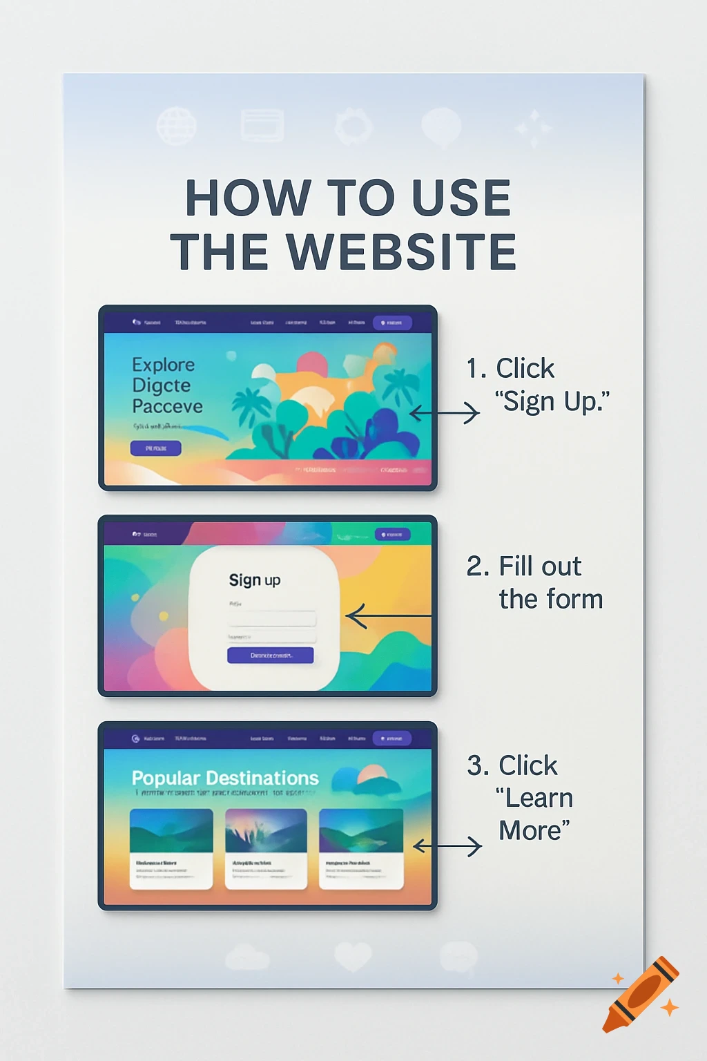 A flyer with three website screenshots showing step-by-step instructions on how to use the website, including signing up.
