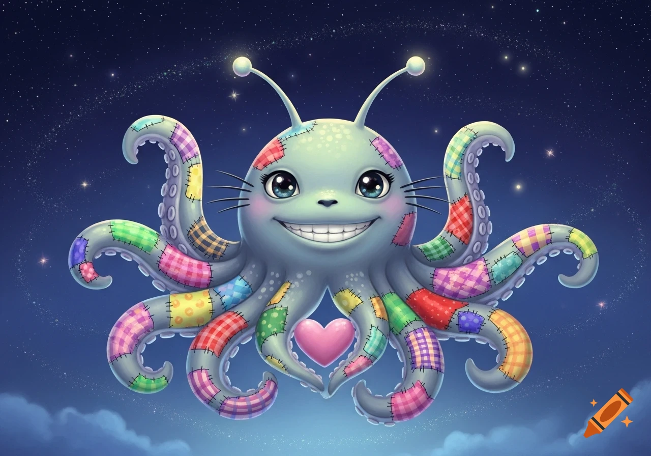 A cute, smiling blue alien octopus with patchwork tentacles and antennas floats in a starry night sky, holding a pink heart.