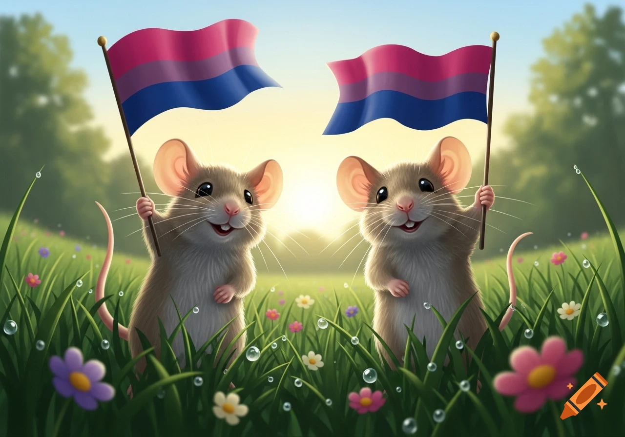 Two cute, smiling cartoon mice hold bisexual pride flags in a sunny, grassy field with colorful flowers and dew.