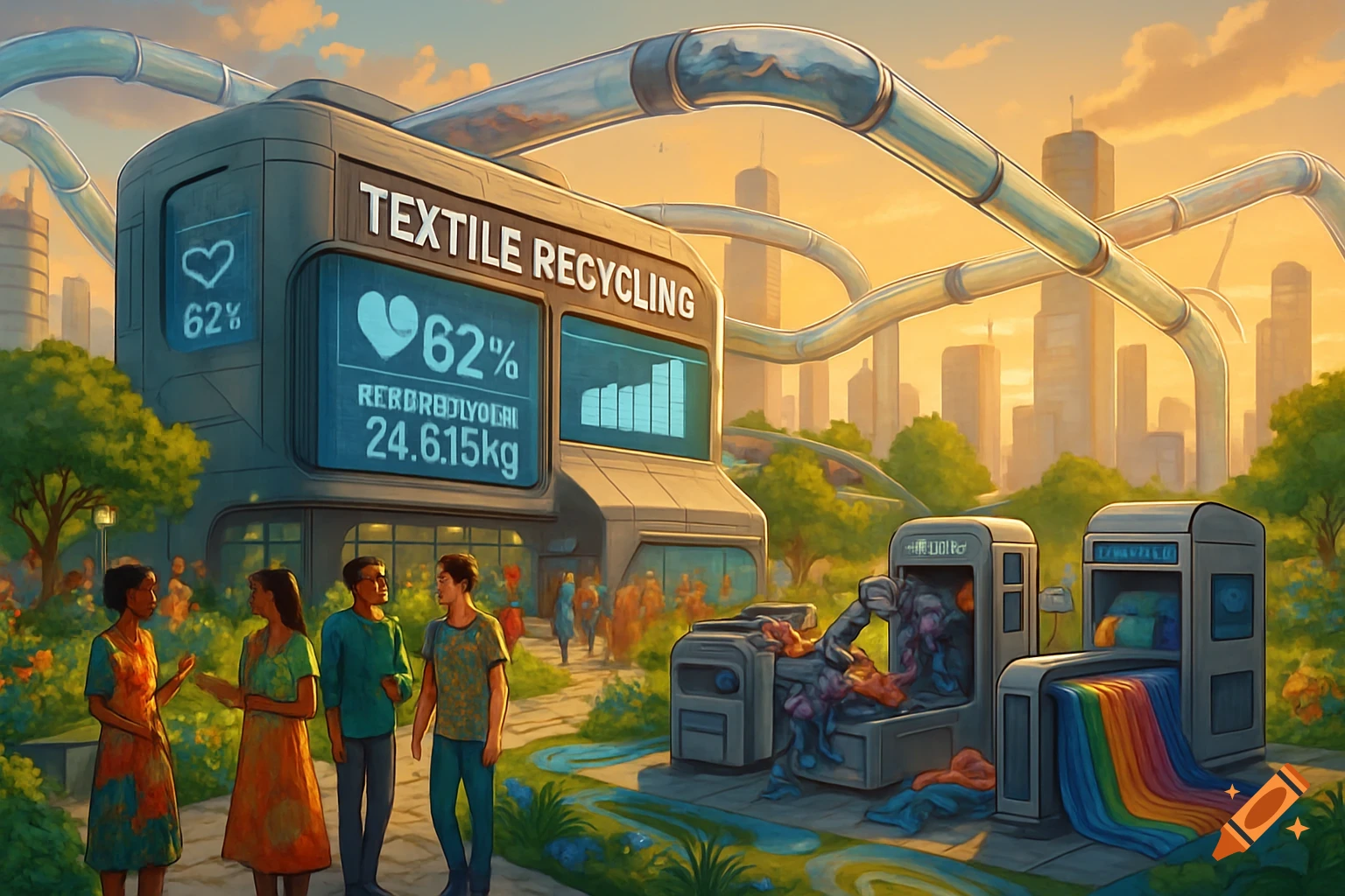 A colorful illustration of a modern textile recycling plant in a green city with people and large pipes.