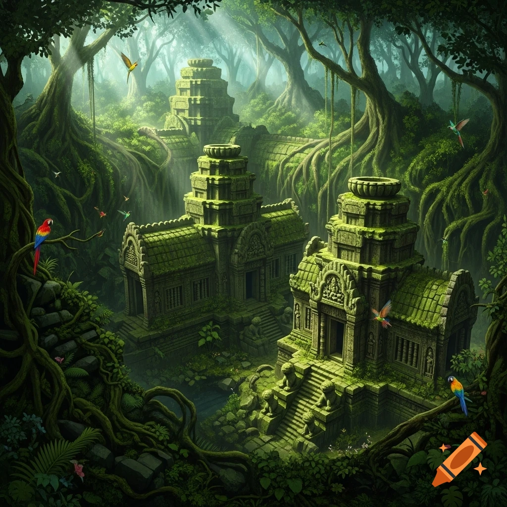 Lush green jungle with ancient, moss-covered stone temples and ruins, bathed in sunlight. Birds fly and perch among trees.