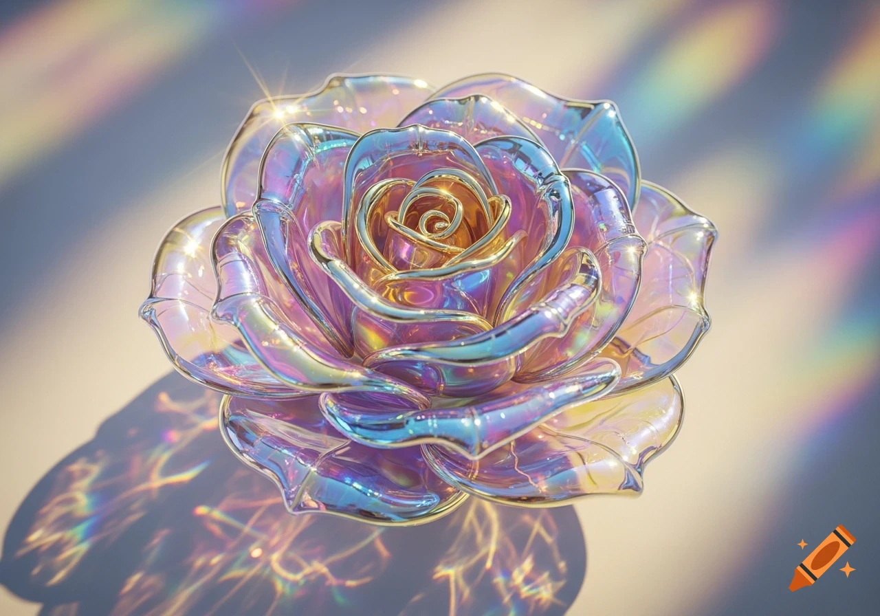 An iridescent rose with metallic and translucent petals reflecting a rainbow of colors and casting prismatic shadows on a light surface.