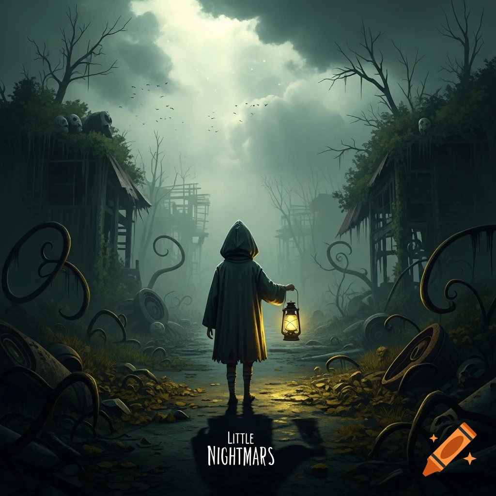 A small hooded figure holds a glowing lantern on a misty, eerie path lined with dilapidated structures and strange twisted objects, in a stylized, dark fantasy setting.