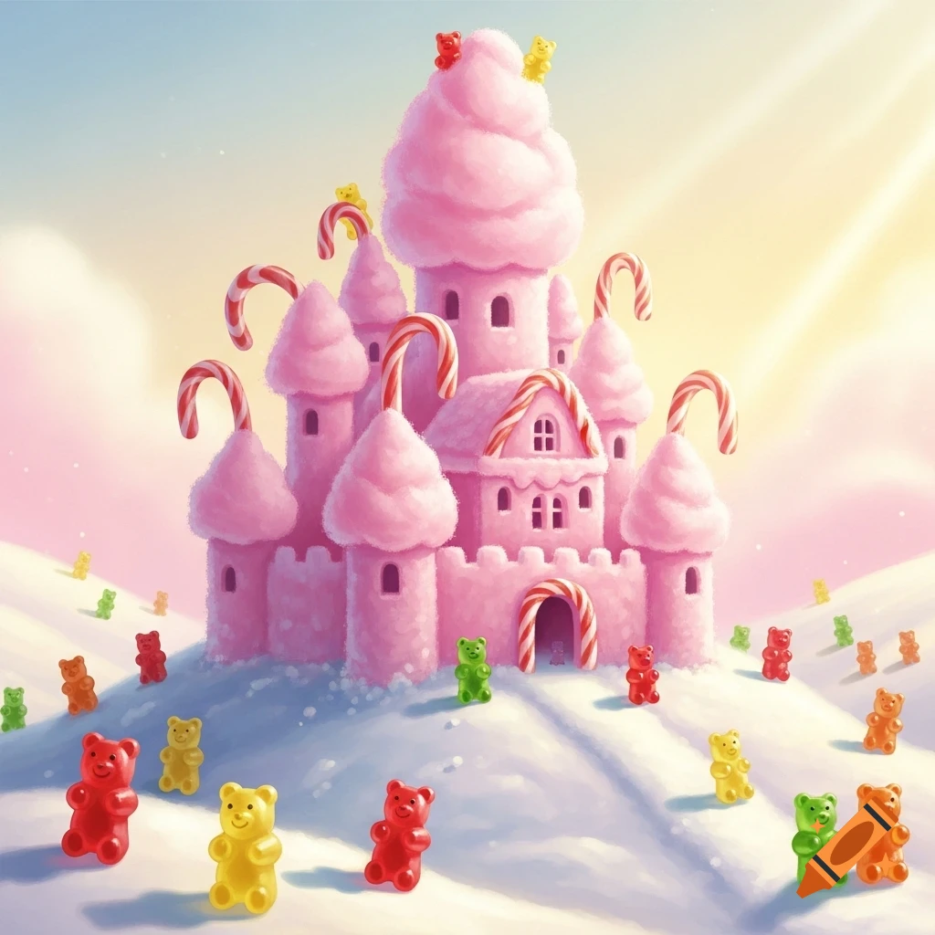 An illustrated pink cotton candy castle with candy canes on a snowy hill, surrounded by colorful gummy bears.