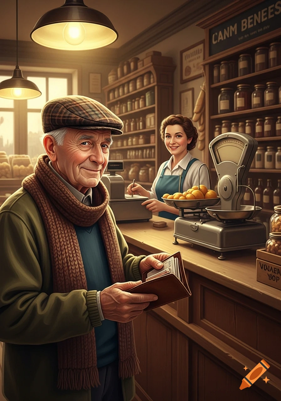 An old man in a flat cap and scarf holds a wallet, smiling at the counter of a vintage-style grocery store, where a woman stands behind a scale.