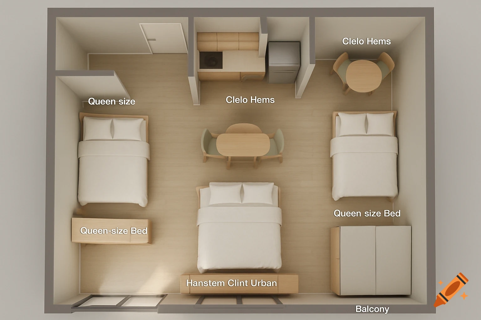 Top-down 3D visualization of a studio apartment floor plan with three queen-size bed layouts, kitchen, dining area, and balcony. Furniture is labeled.
