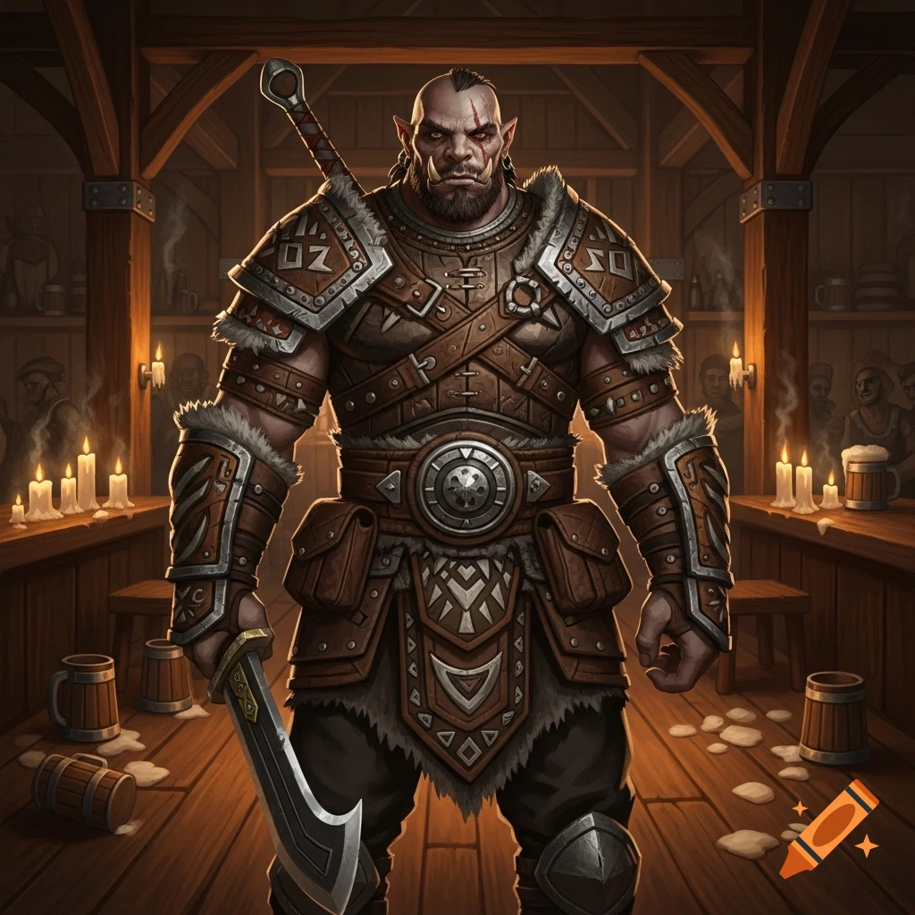 A muscular, scarred half-orc warrior in detailed leather and metal armor stands in a dimly lit tavern, holding a sword.
