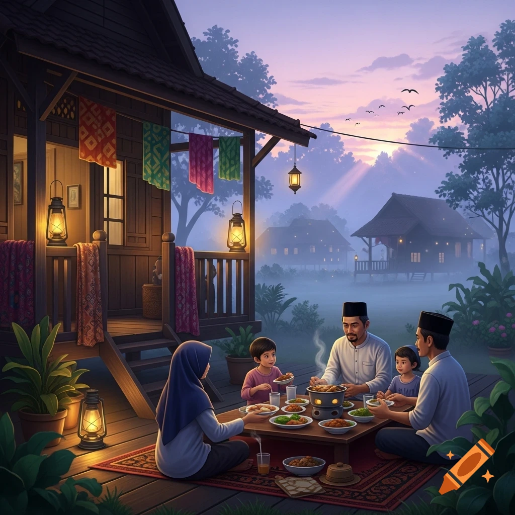 A family enjoys an outdoor meal on a porch in a misty village at dusk, illuminated by lanterns and a sunset sky.