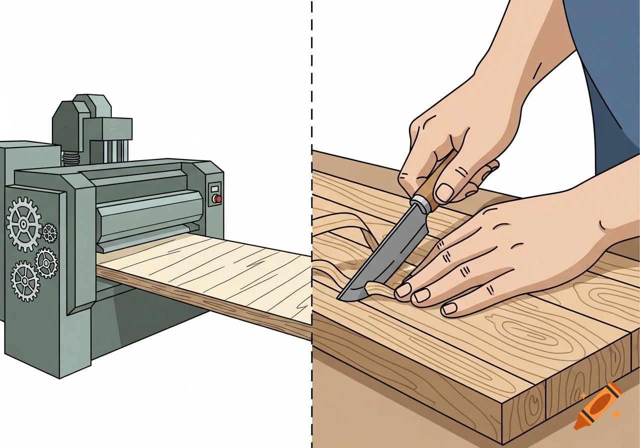 Two clean, stylized illustrations. Left, a grey-green industrial machine with gears pushes out a light board. Right, hands carve a wooden board with a knife.