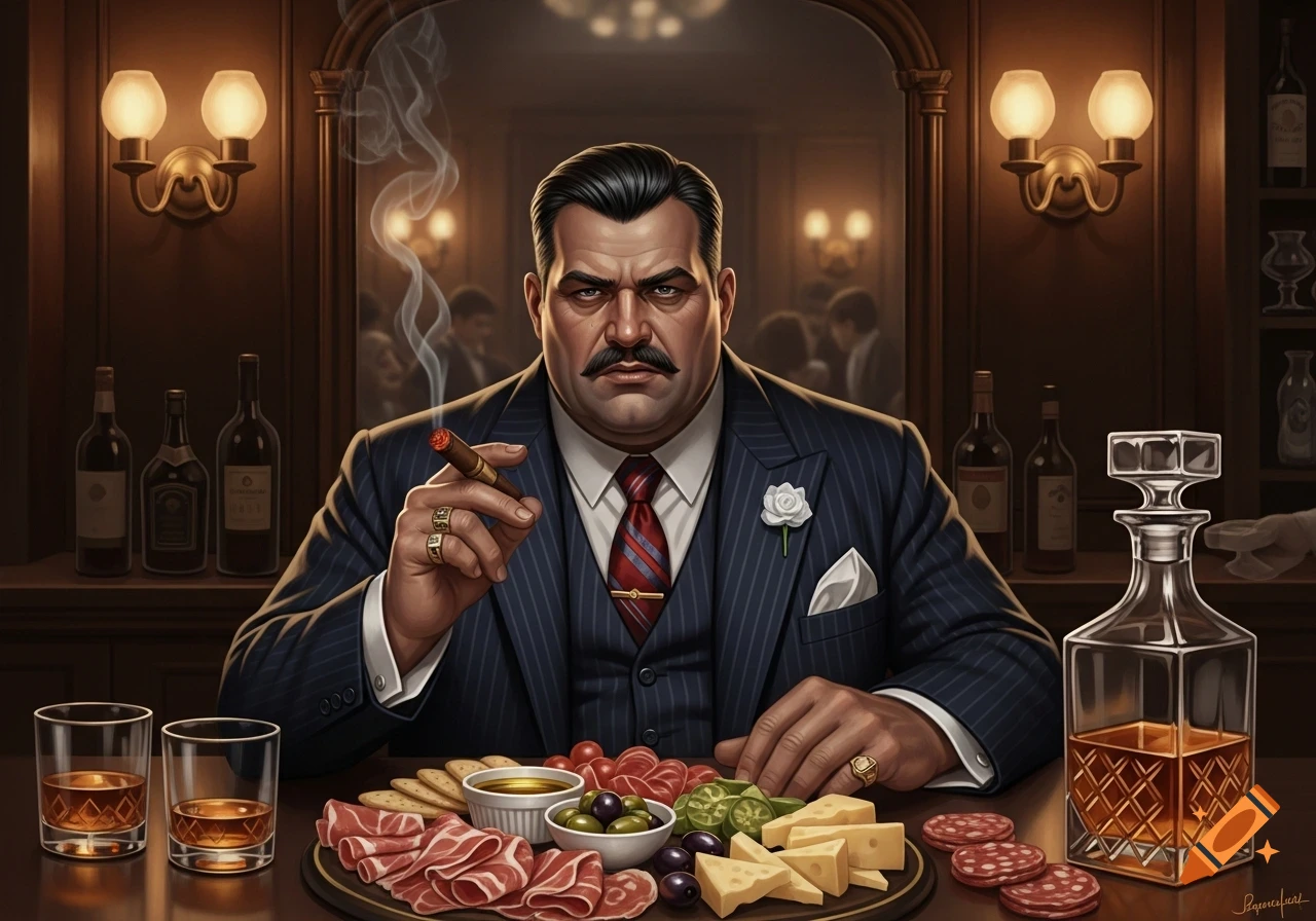 A painting of a 1920s-style mafia boss in a bar, holding a cigar, with a charcuterie board and drinks in front of him.