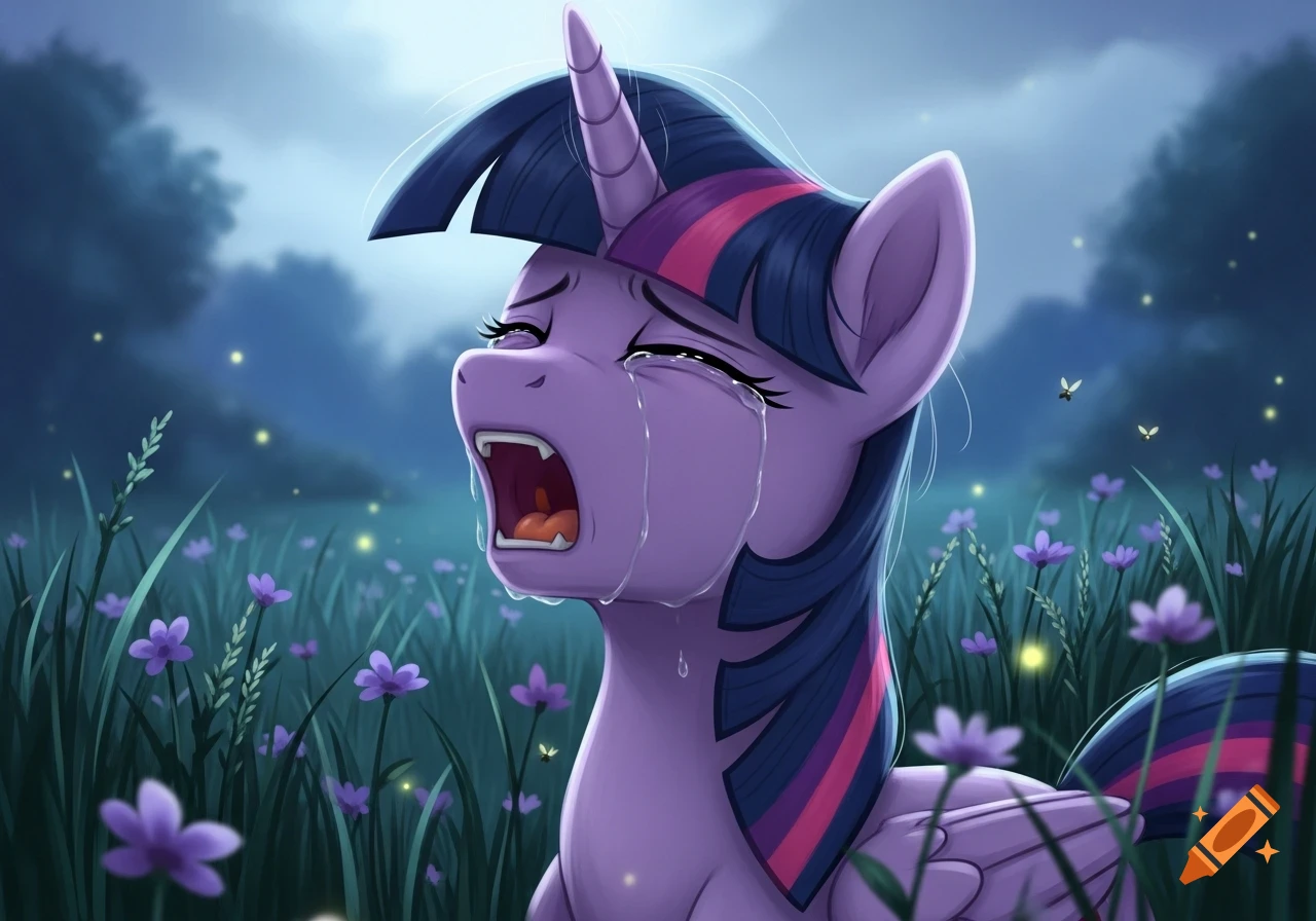 Twilight Sparkle, a purple unicorn pony, cries uncontrollably with her mouth open and eyes closed in a field of purple flowers at night.