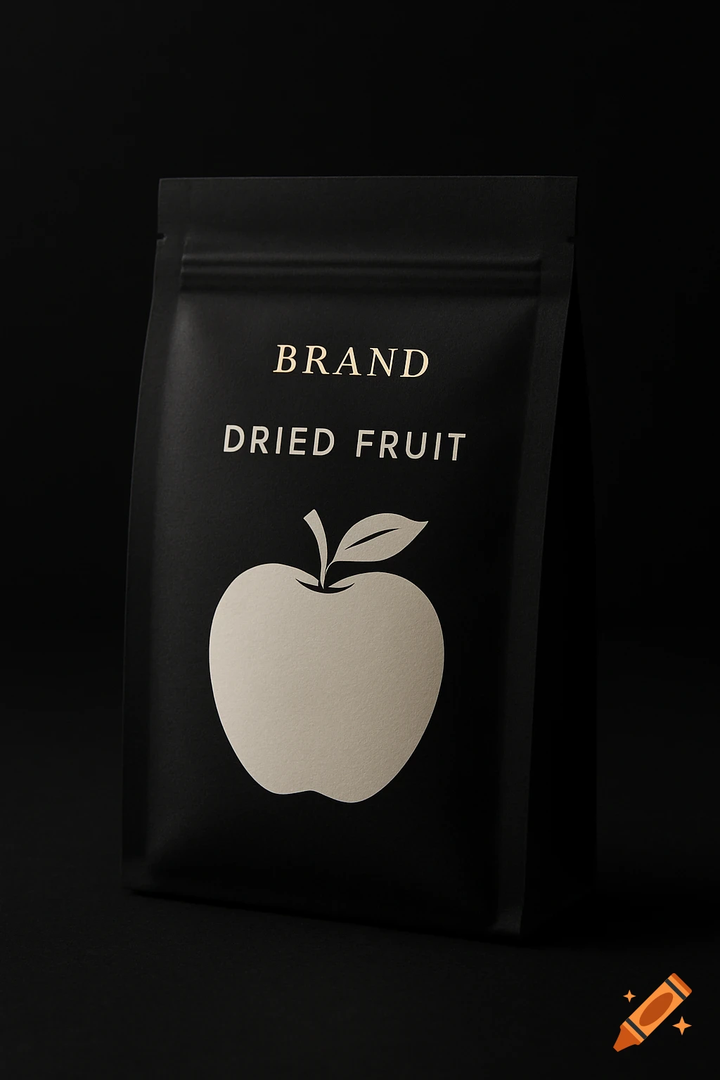 Black matte dried fruit packaging with gold 'BRAND', 'DRIED FRUIT' text, and a white apple icon on a black background.