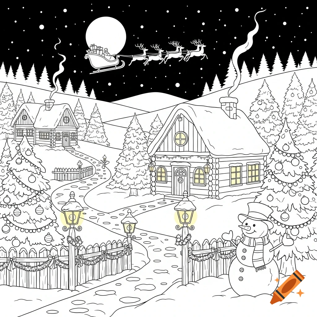 Line art Christmas coloring page showing Santa's sleigh flying over a snowy village with decorated trees, houses, and a snowman.