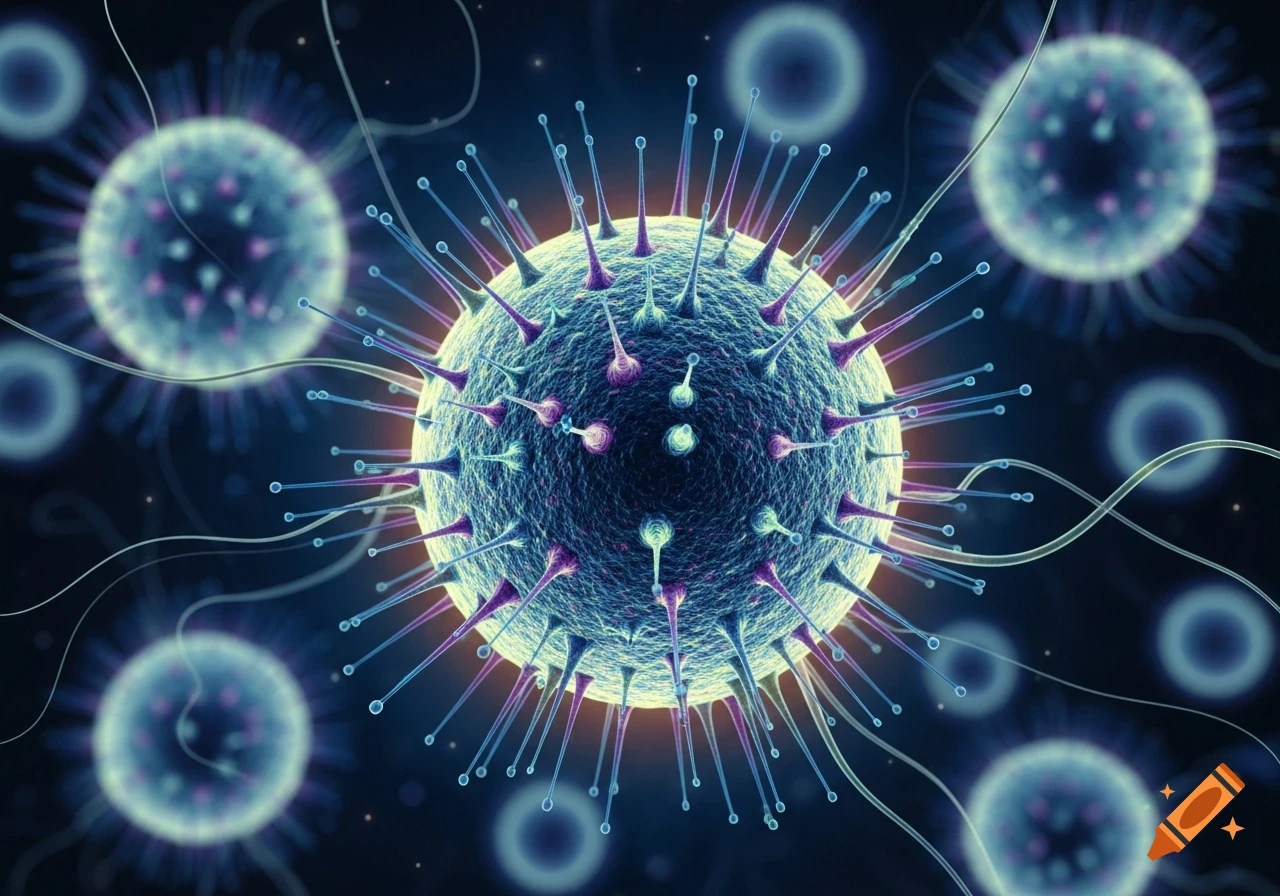 A detailed, glowing blue and purple spiky virus or cell with tendrils, surrounded by blurred similar forms on a dark background.