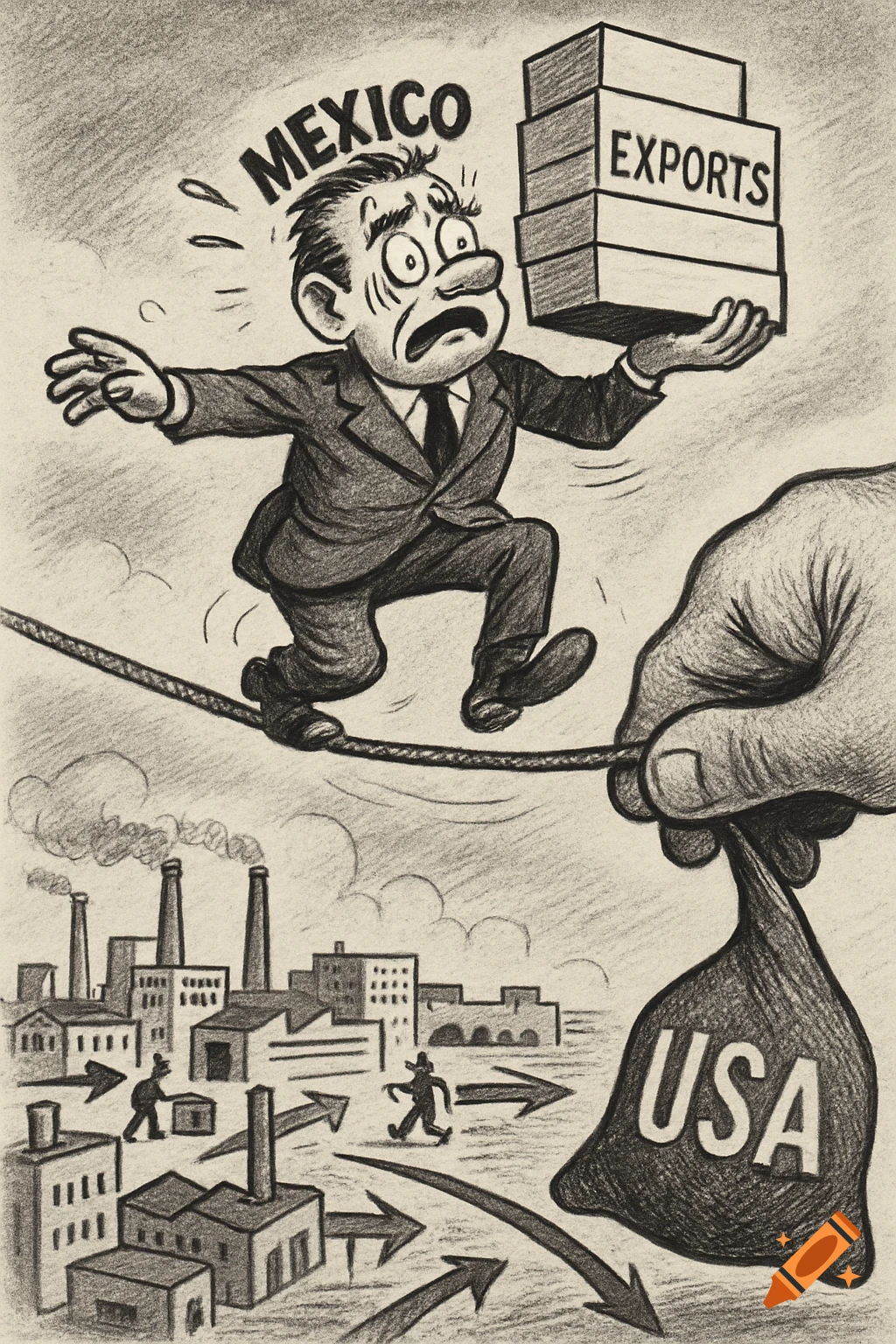 Black-and-white political cartoon of a man labeled 'Mexico' walking a tightrope with 'exports' boxes, while a hand labeled 'USA' shakes the rope. Factories and trade arrows are below.