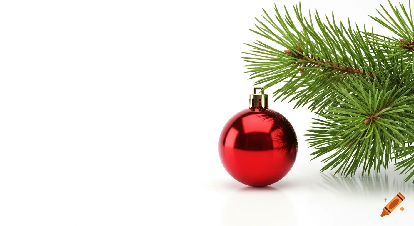 A shiny red Christmas ornament hangs from a green pine branch, reflected on a white surface with a clean white background.