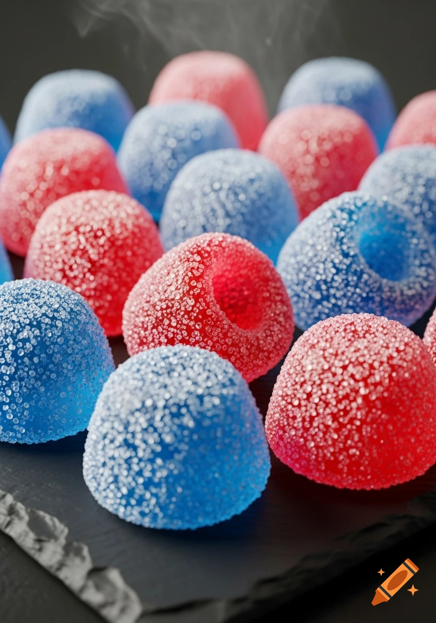 Close-up of numerous red and blue sugar-coated candies arranged on a dark, textured surface, with wisps of steam visible.