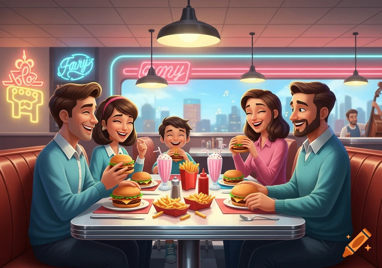 A happy cartoon family, including two adults and a child, eats burgers, fries, and milkshakes at a retro diner.