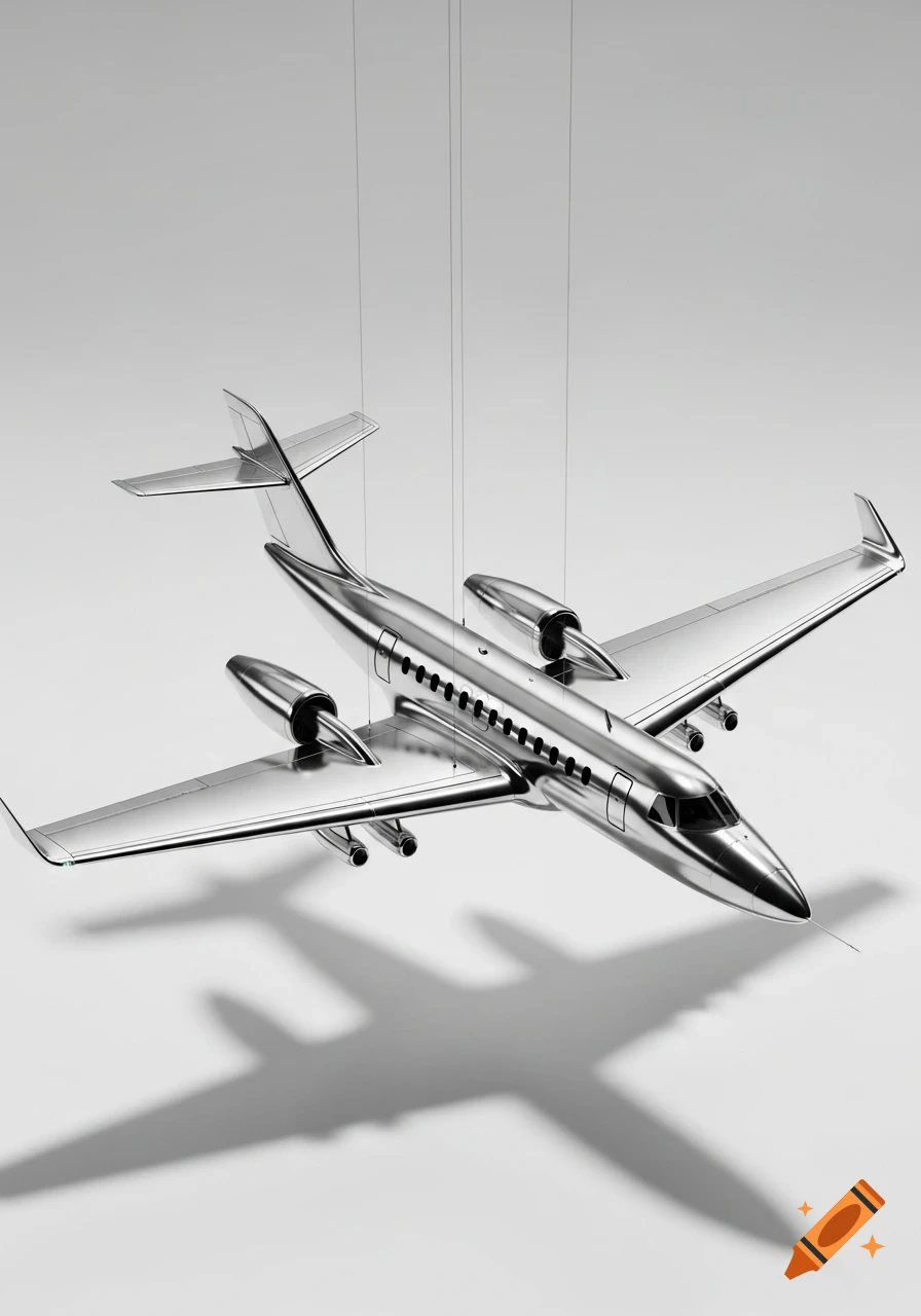 A shiny chrome model airplane is suspended in mid-air, casting a shadow on a light background. Photorealistic style.