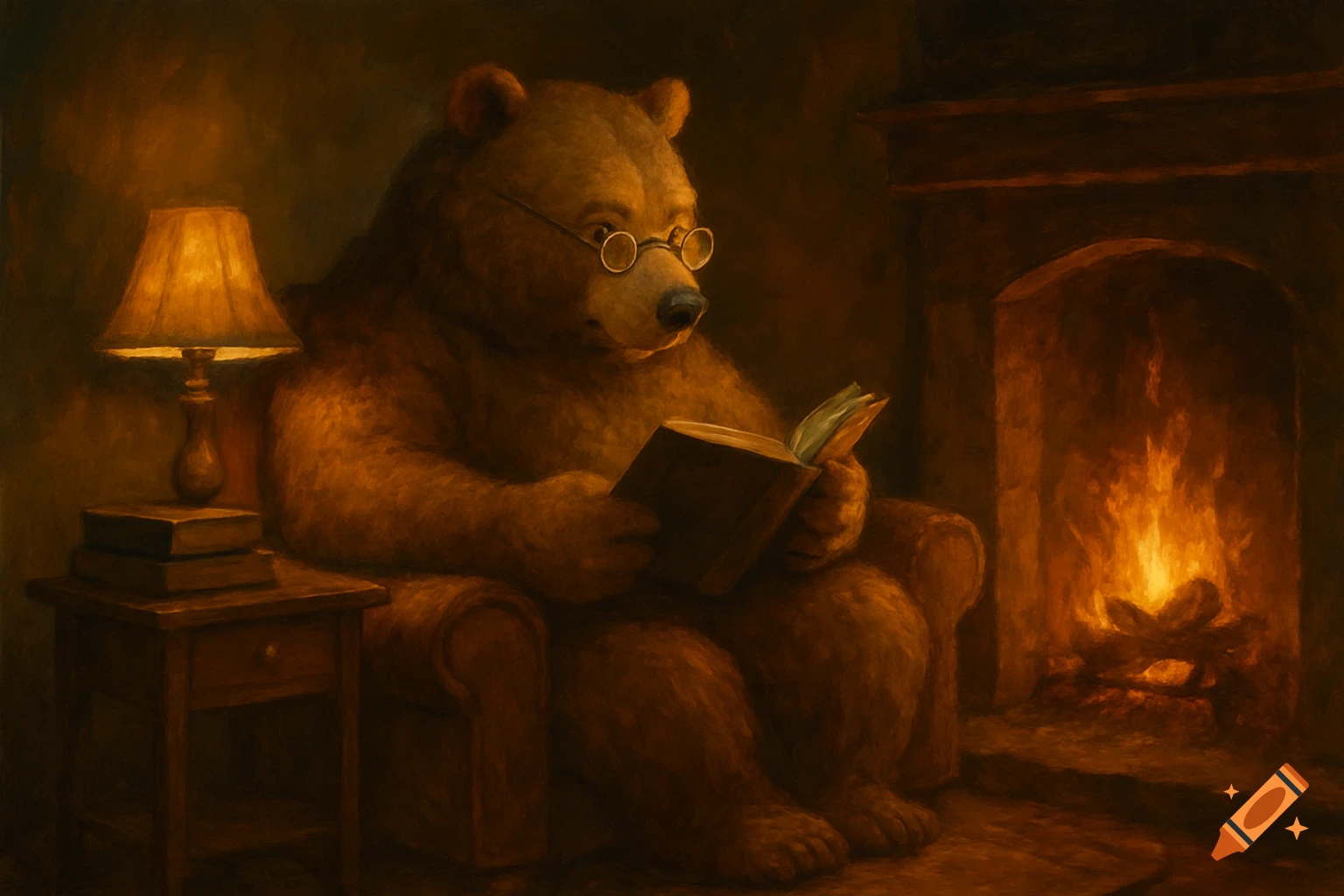 A bespectacled brown bear reads a book in an armchair by a warm fireplace, lit by a lamp on a side table, in a painterly style.