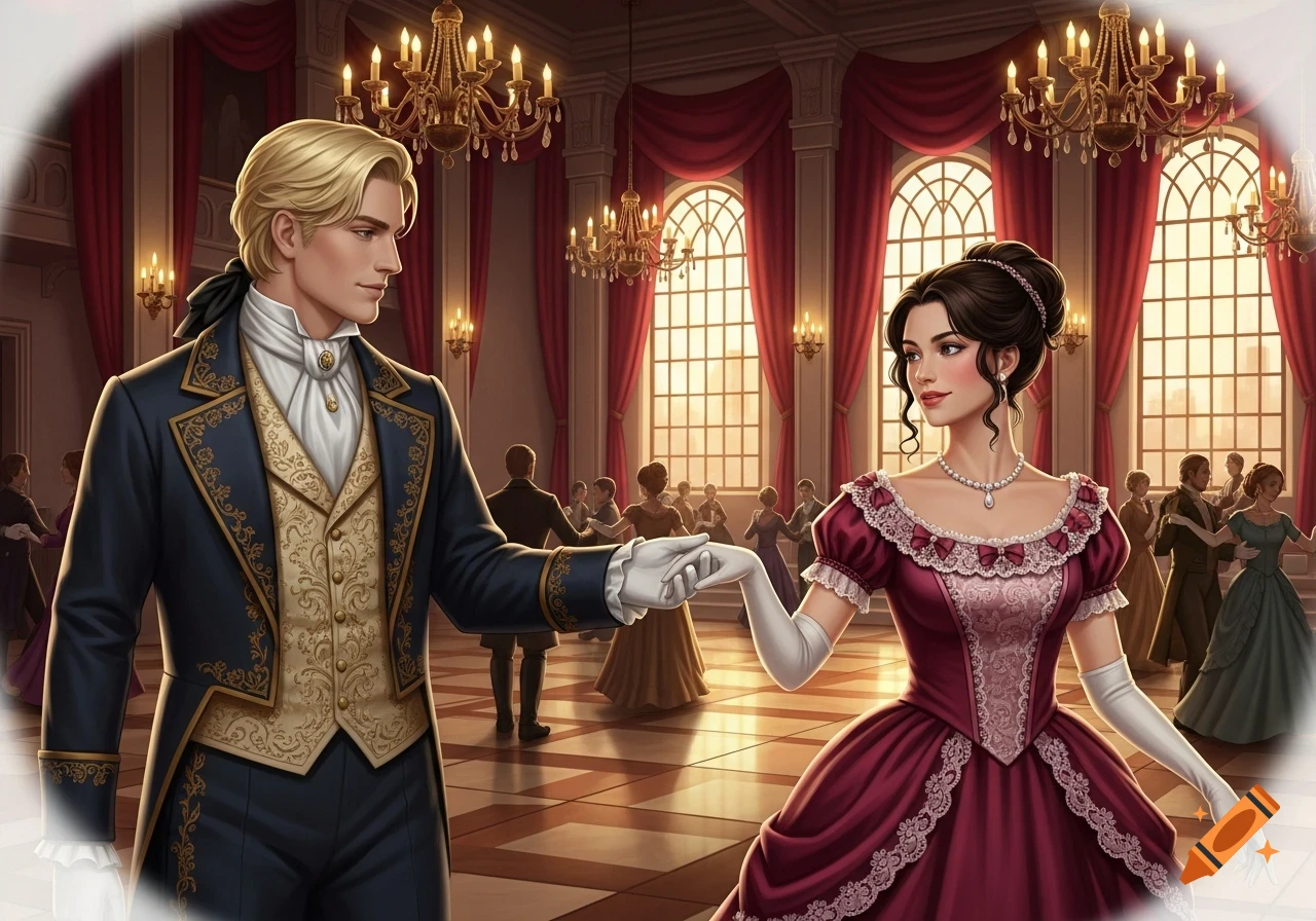 A blonde Victorian man and a woman in a red gown hold hands and look at each other in a grand ballroom.
