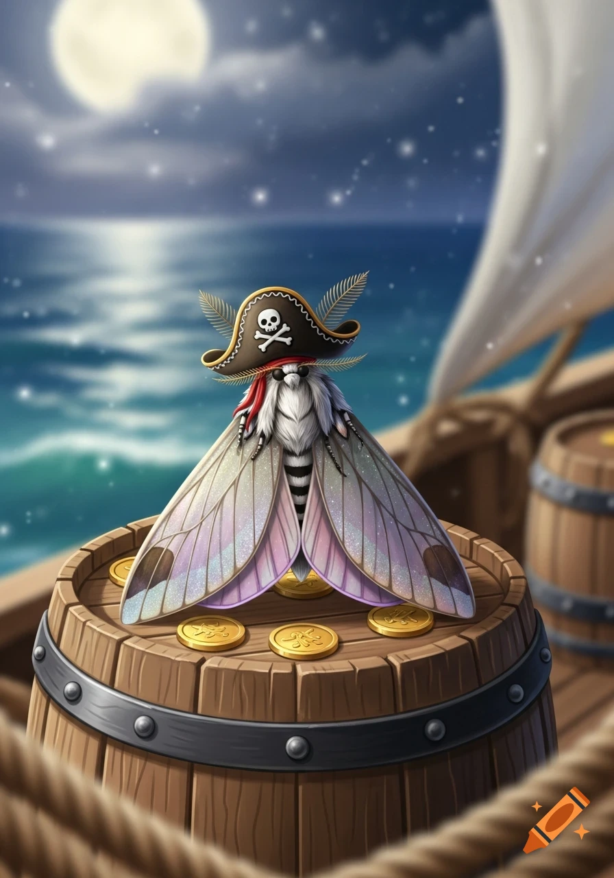A stylized moth wearing a pirate hat with a skull and crossbones emblem sits on a wooden barrel full of gold coins on a ship at night under a full moon.