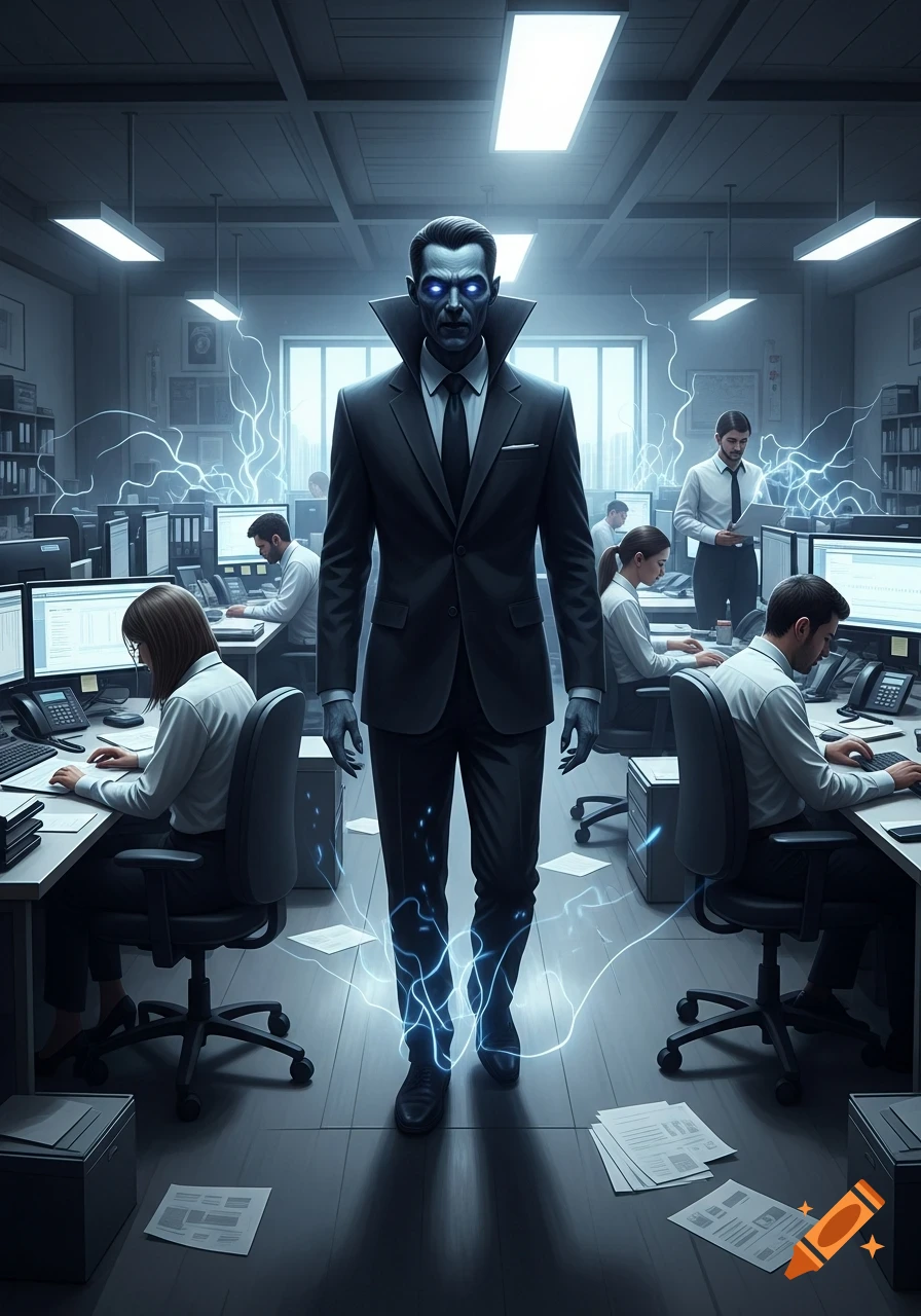 A pale-faced energy vampire with glowing blue eyes and emitting electricity walks through a dimly lit office where employees work.