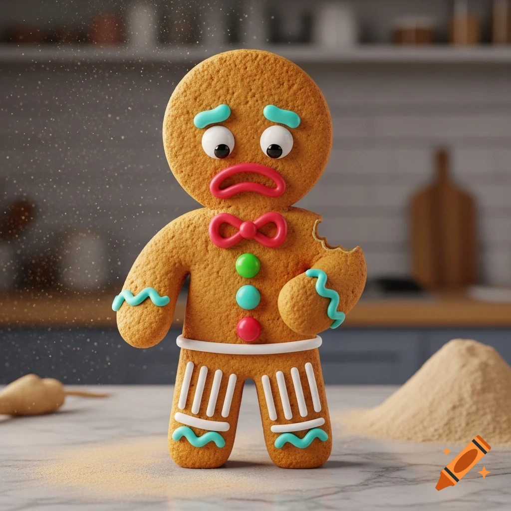 A sad gingerbread man stands in a kitchen, looking at a bite taken out of his arm, with flour dusting the counter.