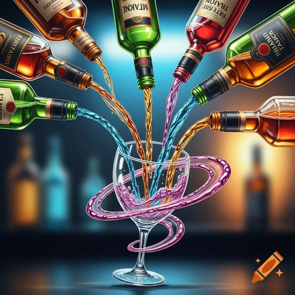 Multiple colorful bottles pour streams of different liquids into a fancy cocktail glass with a pink, swirling liquid effect around its stem, set against a blurred bar background.