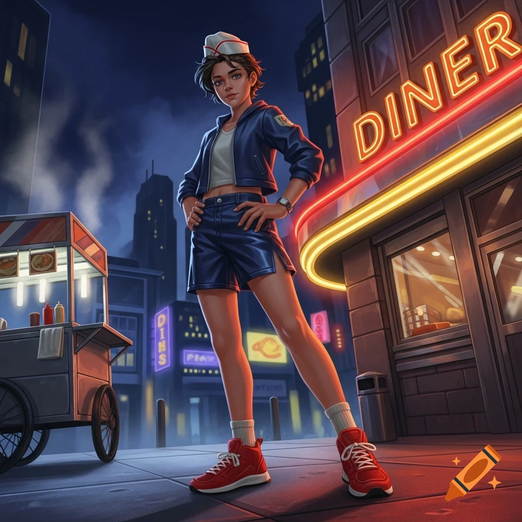 A stylized young woman in a diner uniform stands in front of a neon 'DINER' sign and a hot dog cart at night.