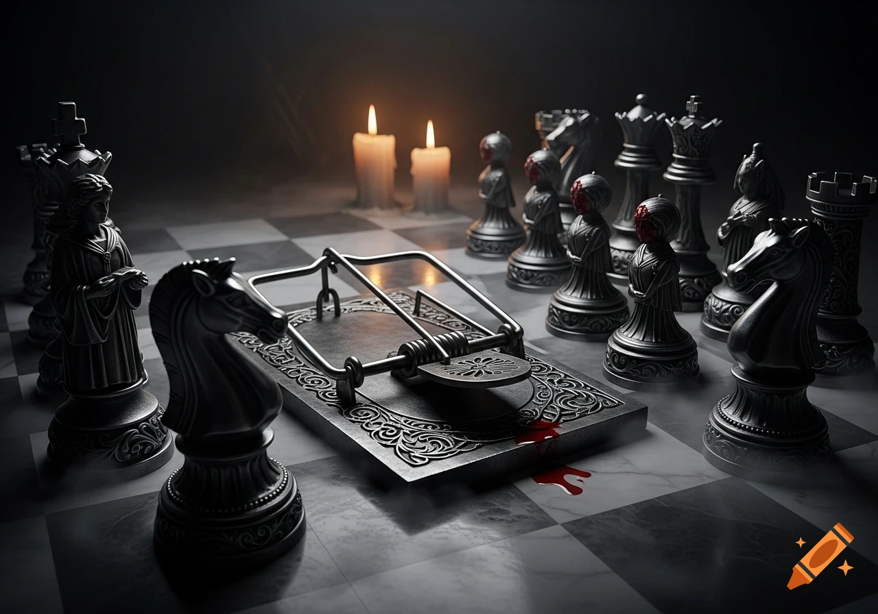 Dark gothic chessboard with a blood-stained mousetrap among ornate chess pieces, lit by two candles.