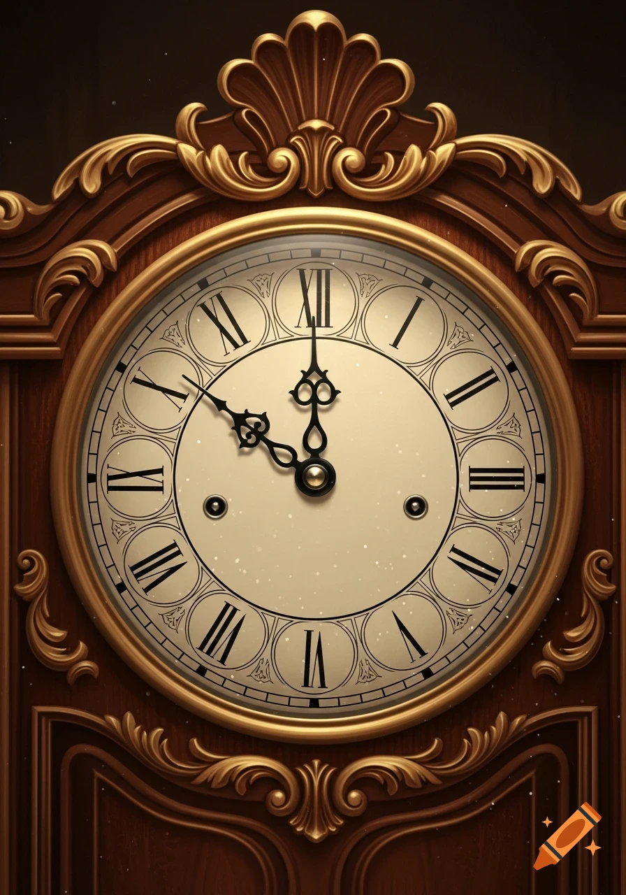 Ornate wooden grandfather clock with gold accents and Roman numerals displaying 10:59.