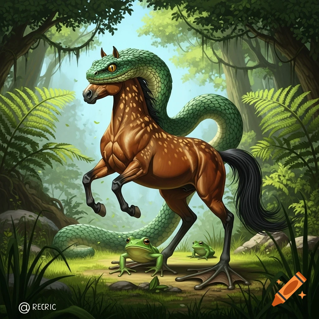 A fantastical creature with a horse's body, snake's head, and webbed frog feet stands in a lush, green jungle environment.