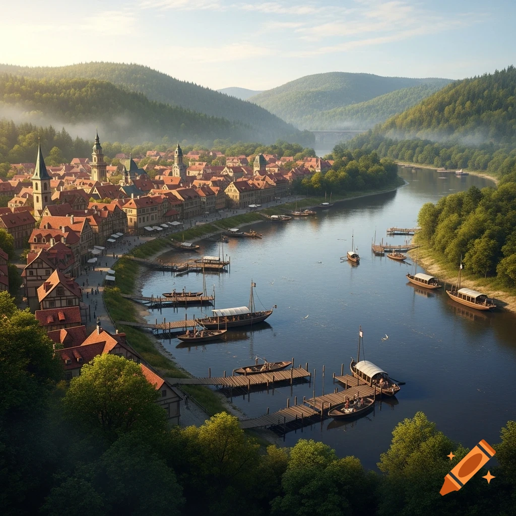 An aerial view of a picturesque old town with red-roofed buildings nestled along a river with many boats, surrounded by lush green hills under a bright sky.