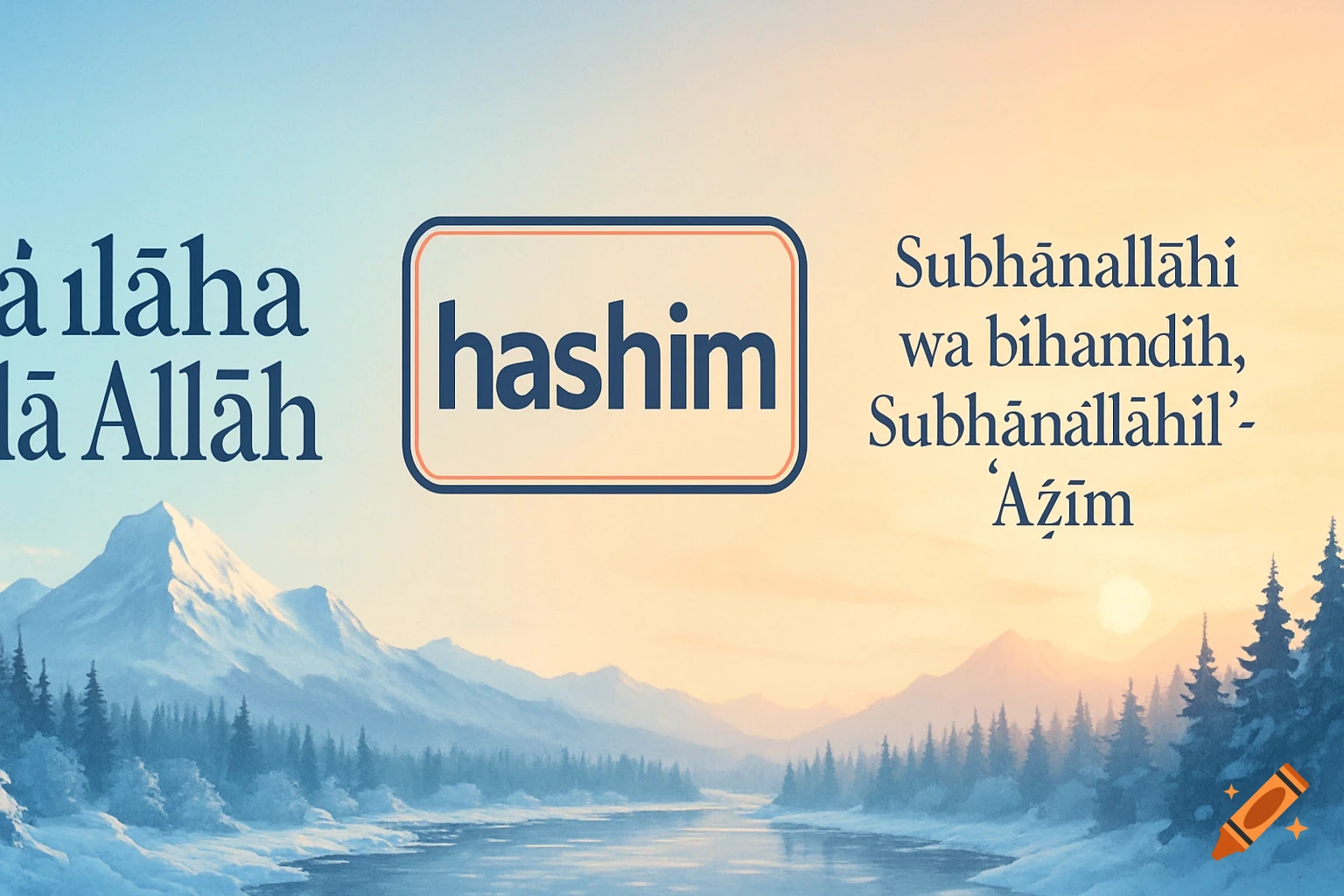 A wide panoramic banner featuring snowy mountains, a river, and pine forests under a gradient sky from blue to warm orange. Overlaid text includes 'lā ilāha illā Allāh', 'hashim' in a framed box, and 'Subḥānallāhi wa bihamdih, Subḥānallāhil'-'Aẓīm'.