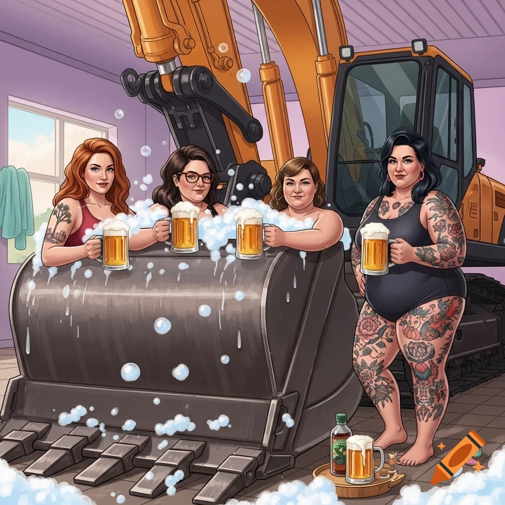 Four diverse women take a bubbly beer bath inside an excavator bucket in a room, one standing beside it covered in tattoos.