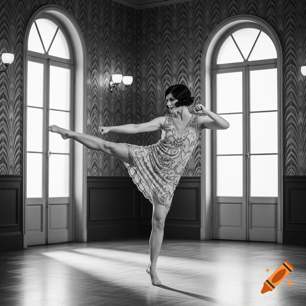 A barefoot 1920s flapper woman in a beaded dress performs a high kick in a grand room, black and white photograph.