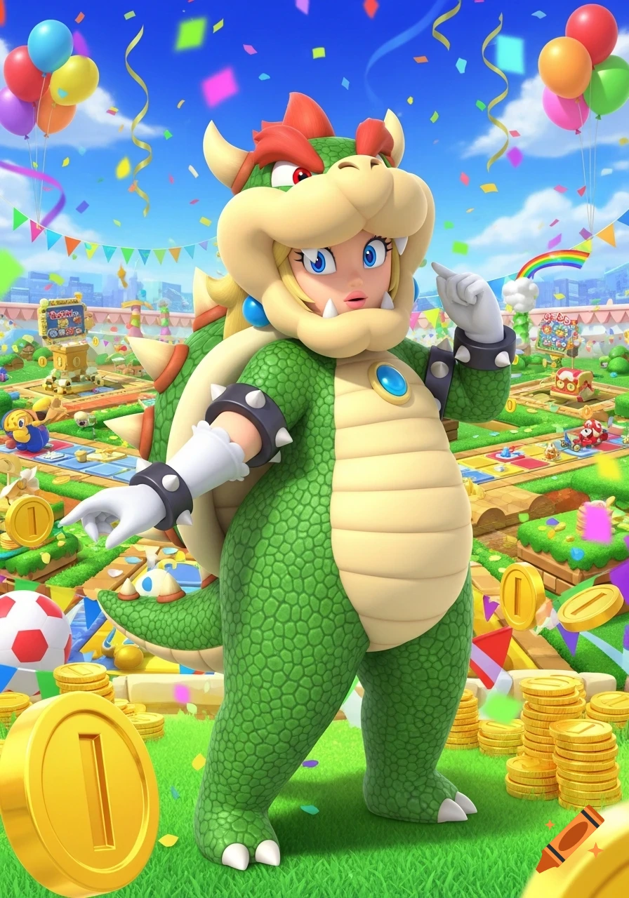 Princess Peach in a Bowser suit stands in a vibrant Mario Party board game environment with confetti and balloons.