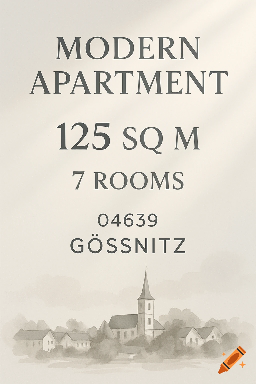 Ad banner for a modern 125 sqm, 7-room apartment in Gößnitz 04639, over a watercolor illustration of a village.