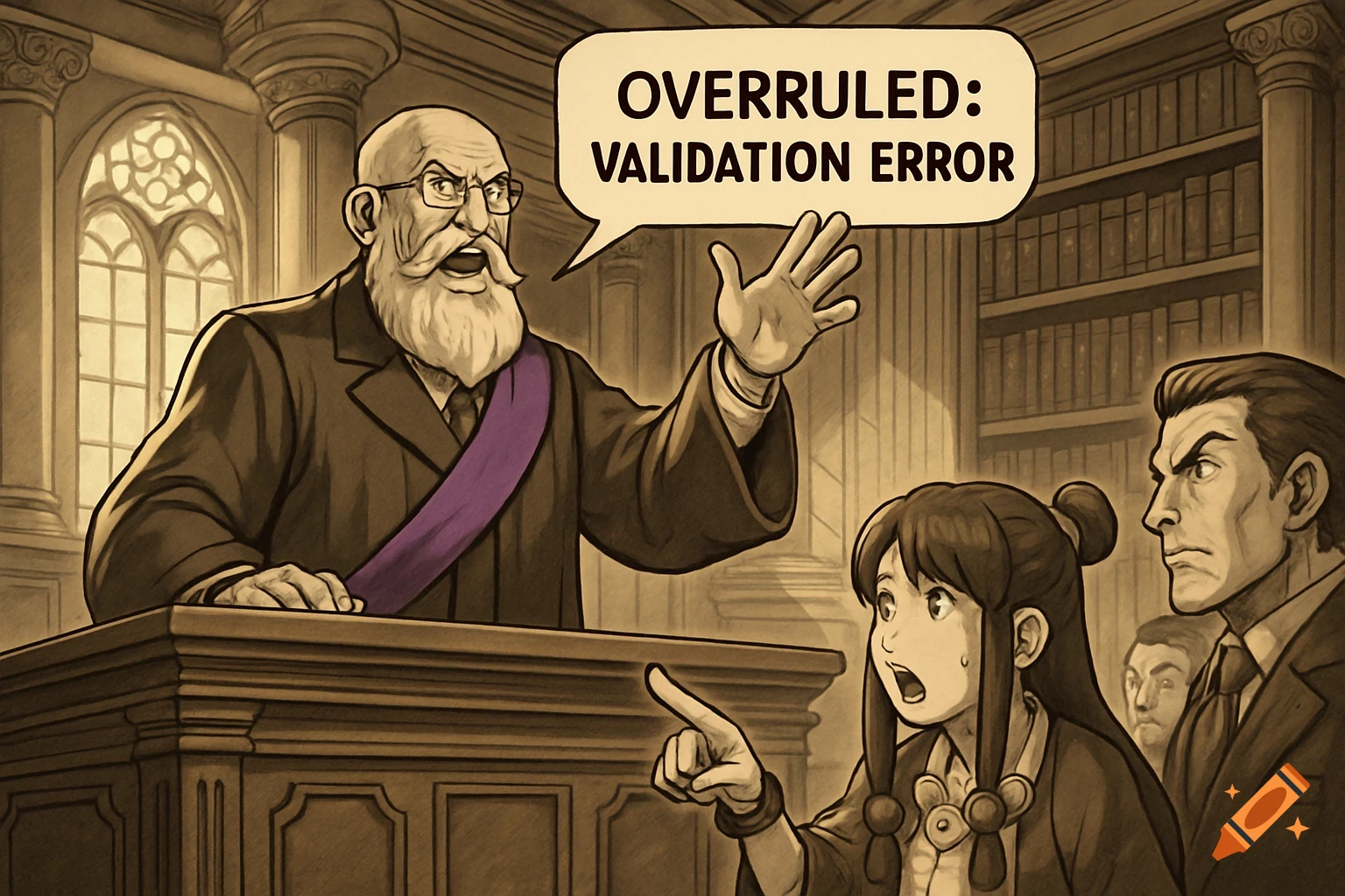 An anime-style judge with a white beard declares 'Overruled: Validation Error' in a sepia-toned courtroom as a female attorney points.