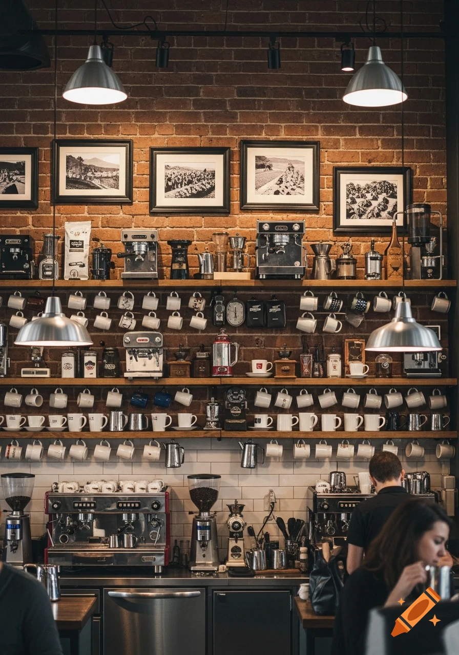 An interior shot of a coffee shop with a brick wall adorned with framed pictures and shelves full of coffee mugs and espresso machines.