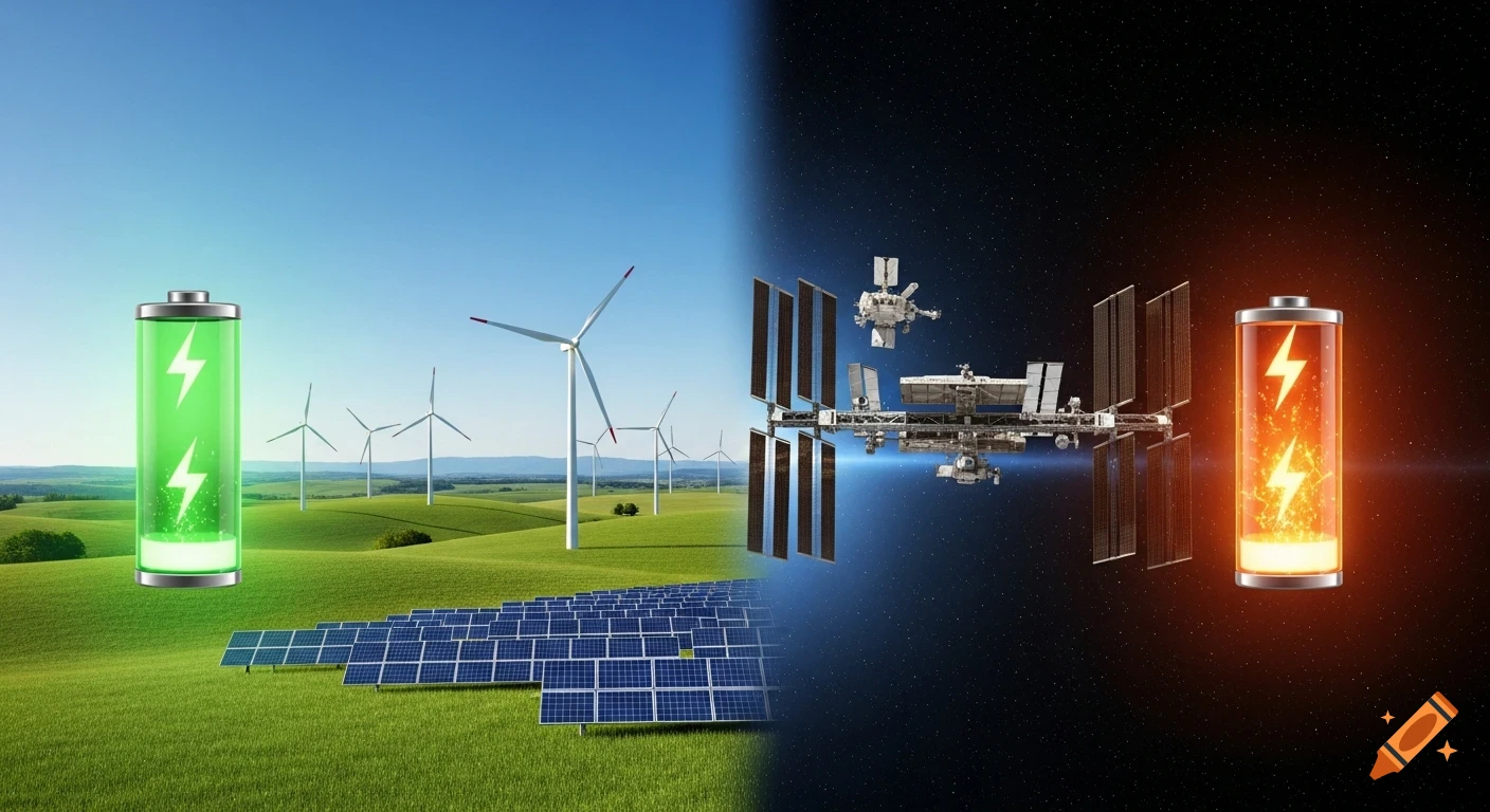 A split image: left shows a green landscape with wind turbines, solar panels, and a green battery; right shows the International Space Station in space with an orange battery.