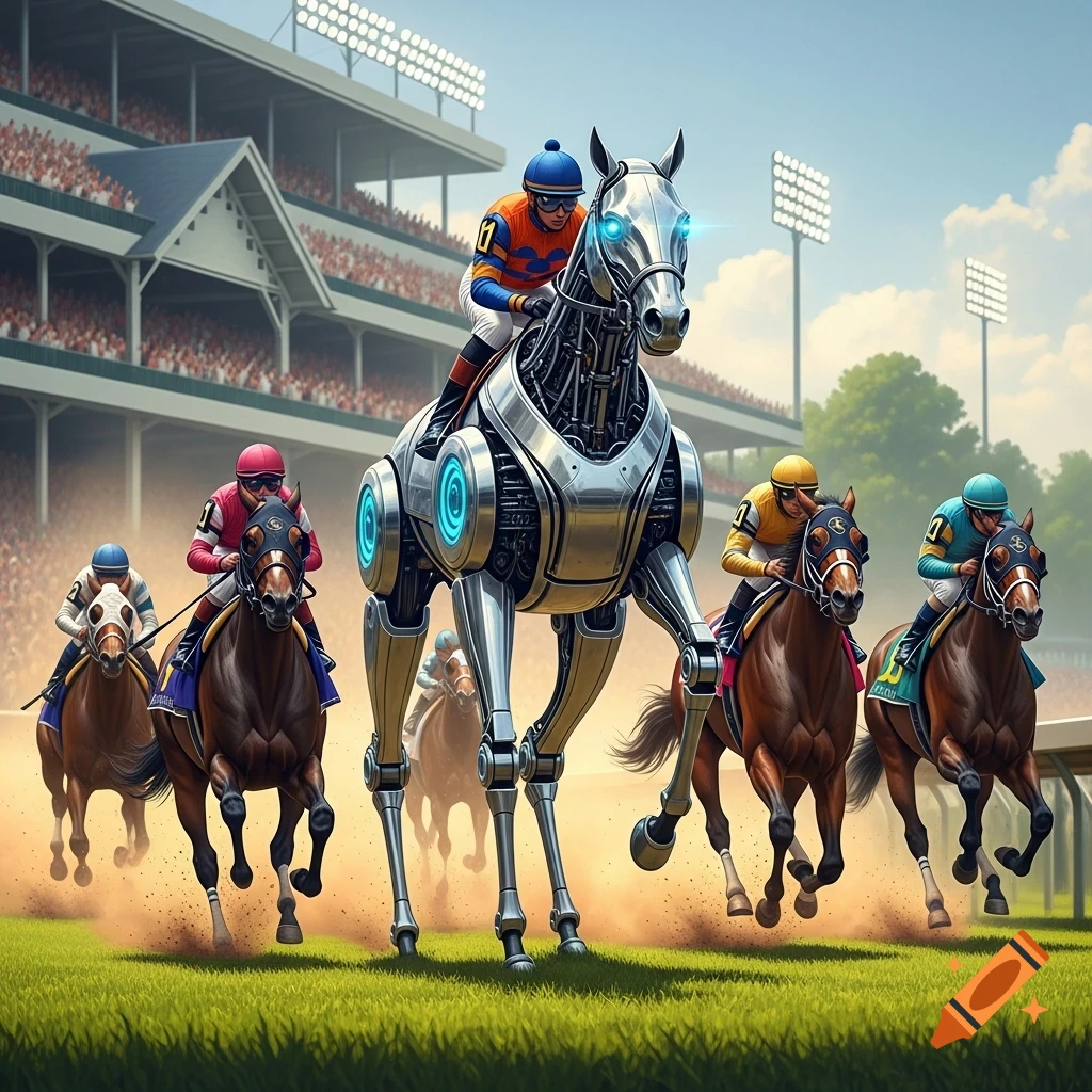 A jockey on a futuristic robot horse races against jockeys on real horses at a track with a stadium in the background.