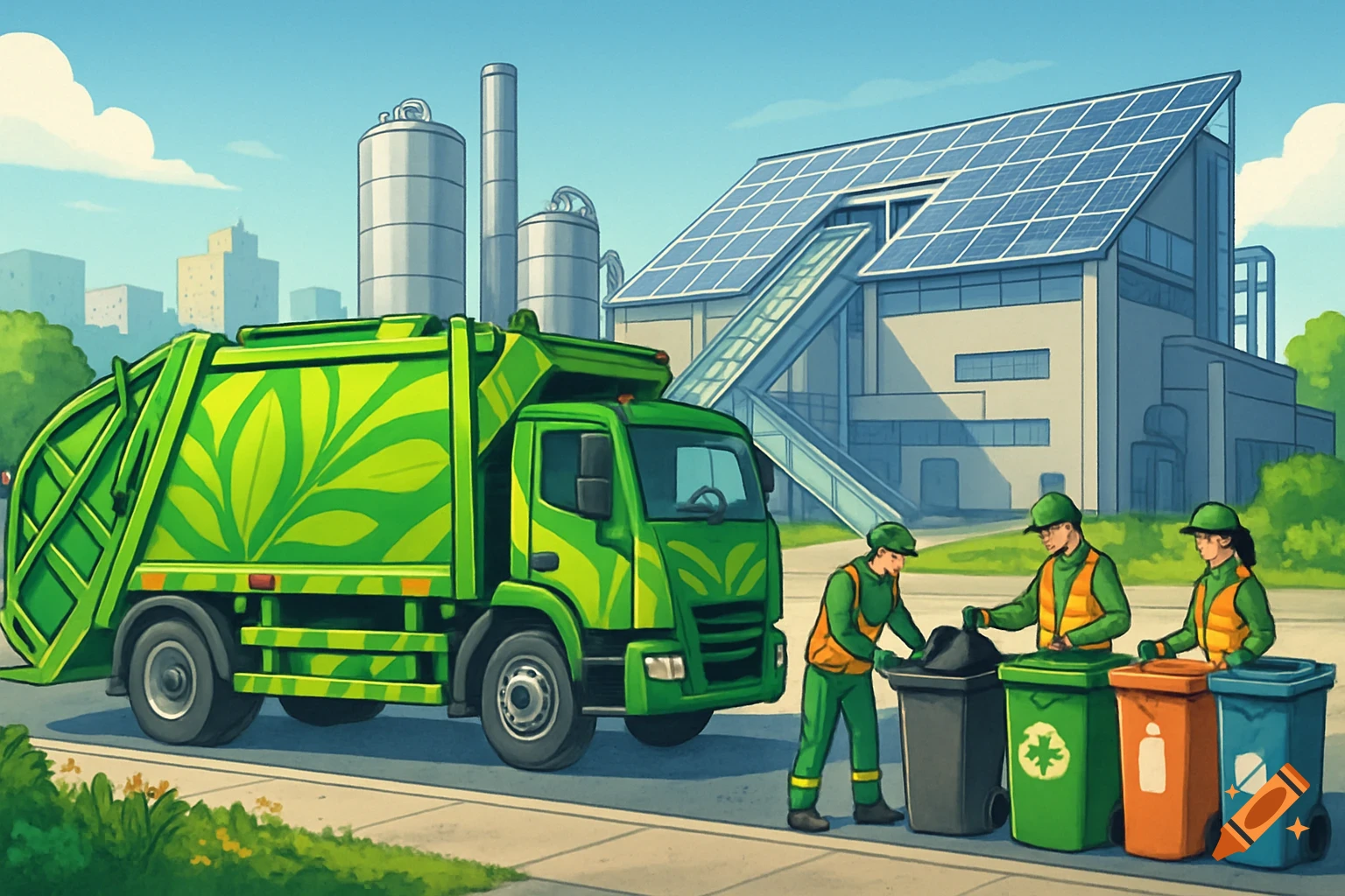 Cartoon illustration of sanitation workers with a green recycling truck and bins, set against a modern building with solar panels.