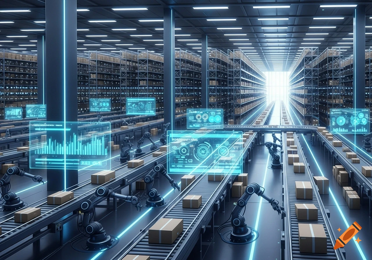A futuristic, automated warehouse with robotic arms on conveyor belts moving packages, illuminated by glowing blue light and holographic screens.