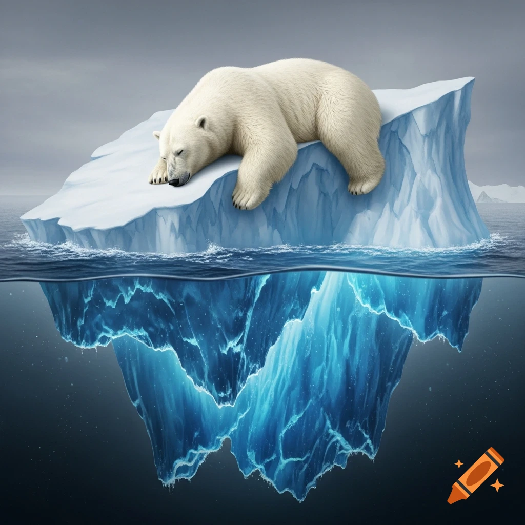 A photorealistic image of a polar bear sleeping on a tilted iceberg in a grey ocean, showing the blue underwater ice.