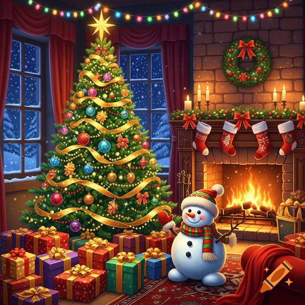 A detailed, vibrant Christmas scene with a decorated tree, fireplace, snowman, and presents, viewed through snowy windows.