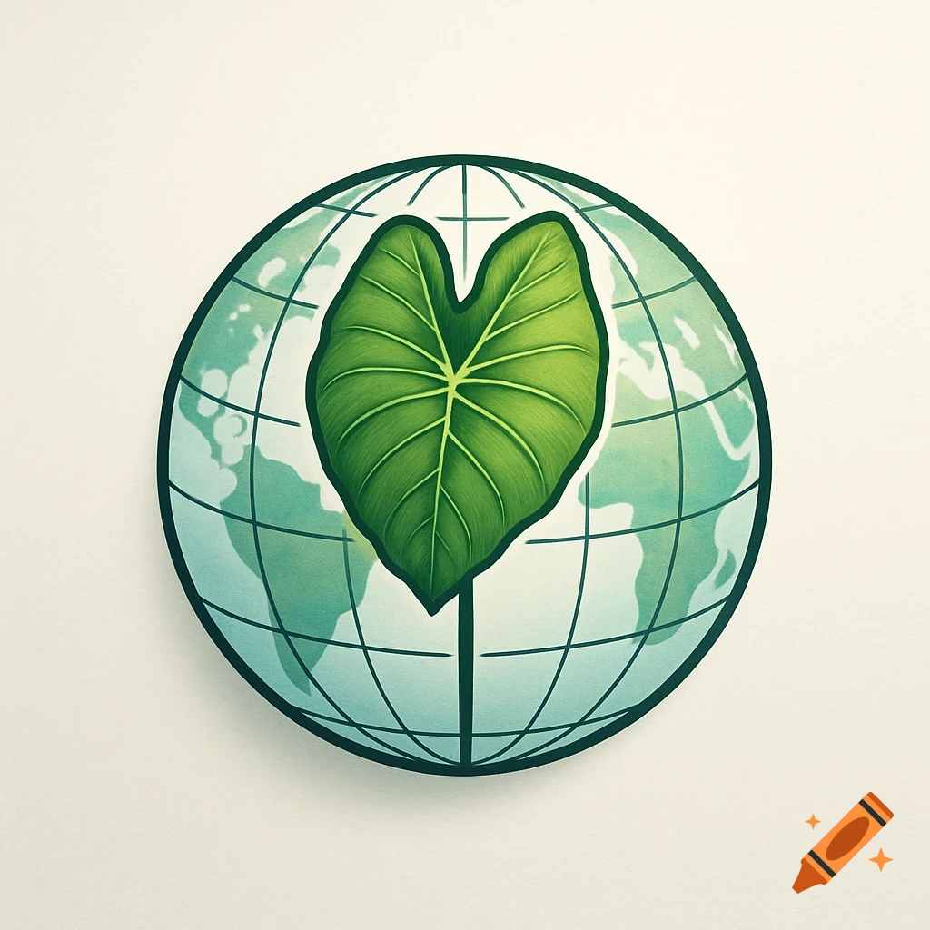A clean, illustrated logo of a green taro leaf centered over a stylized blue and green globe.