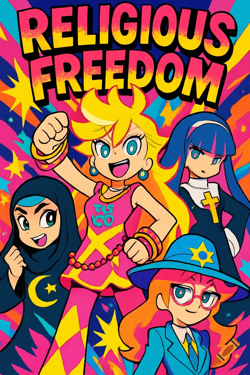 Vibrant cartoon poster depicting four diverse female characters representing different religions, with 'RELIGIOUS FREEDOM' text.